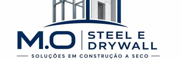 Logotipo da M.O Steel e Drywall: um prédio com estrutura de steel frame de um lado e paredes de drywall do outro, as letras M.O, STEEL E DRYWALL e a frase Soluções em construção a seco